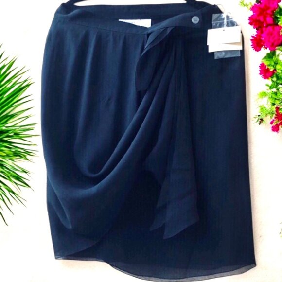 Classics by Anne Klein Vintage 80's Black SILK SHEER Sarong Wrap Skirt NEW - Picture 4 of 14